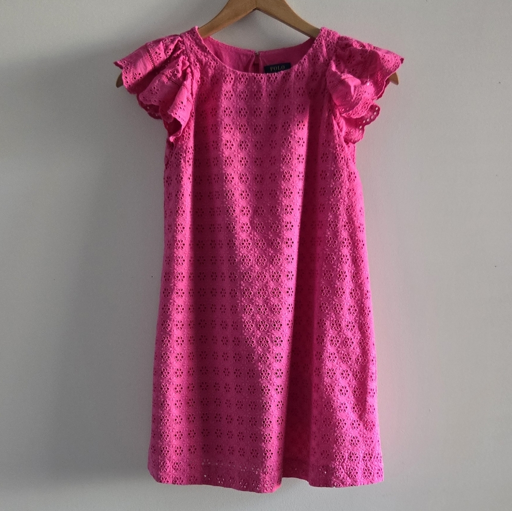 Polo by Ralph Lauren Pink Ruffle Eyelet Preppy Dress Kids Size 10